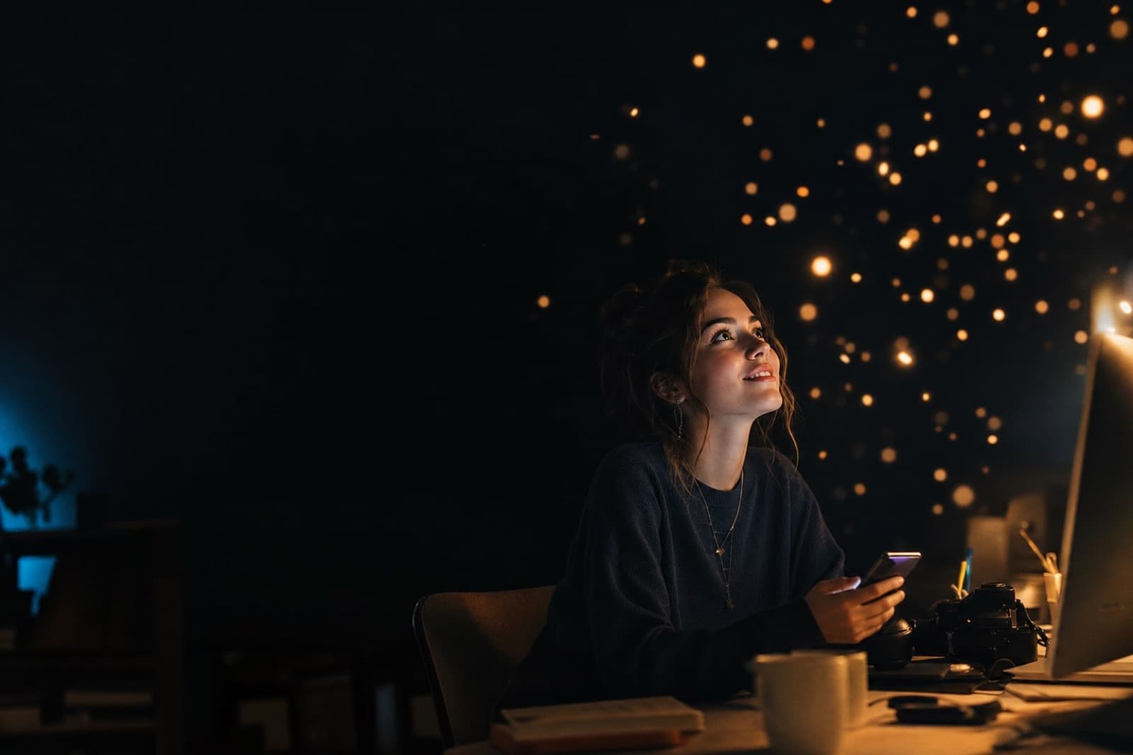 A creator in her studio at night, her new audience arriving as drifting lights